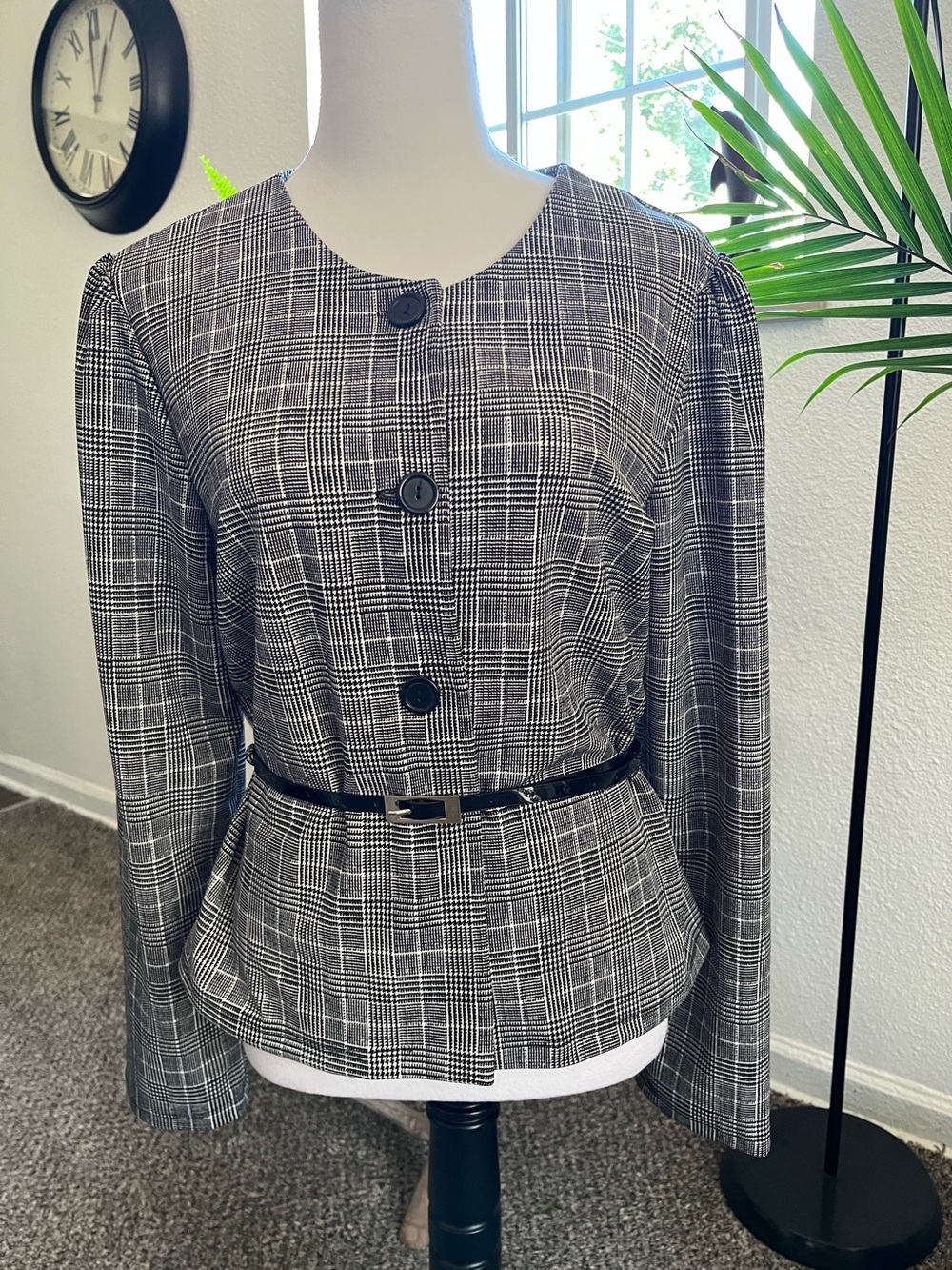 Women's Black & White Plaid Peplum Jacket
